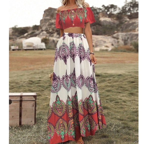 Boho Tribal Print Cropped Top Maxi Skirt Set - Picture 8 of 14
